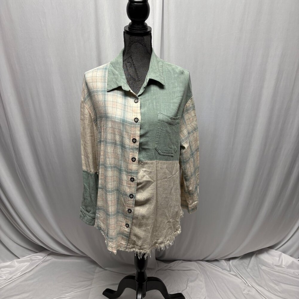 143 Story by Line Up Plaid Solid Colorblock Button-Up Shirt Womens Size Large